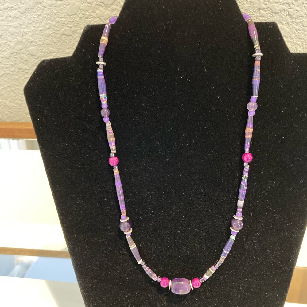 Stone Necklace. Amethyst, glass, seed and tube beads. Fish Hook clasp. - Picture 6 of 16